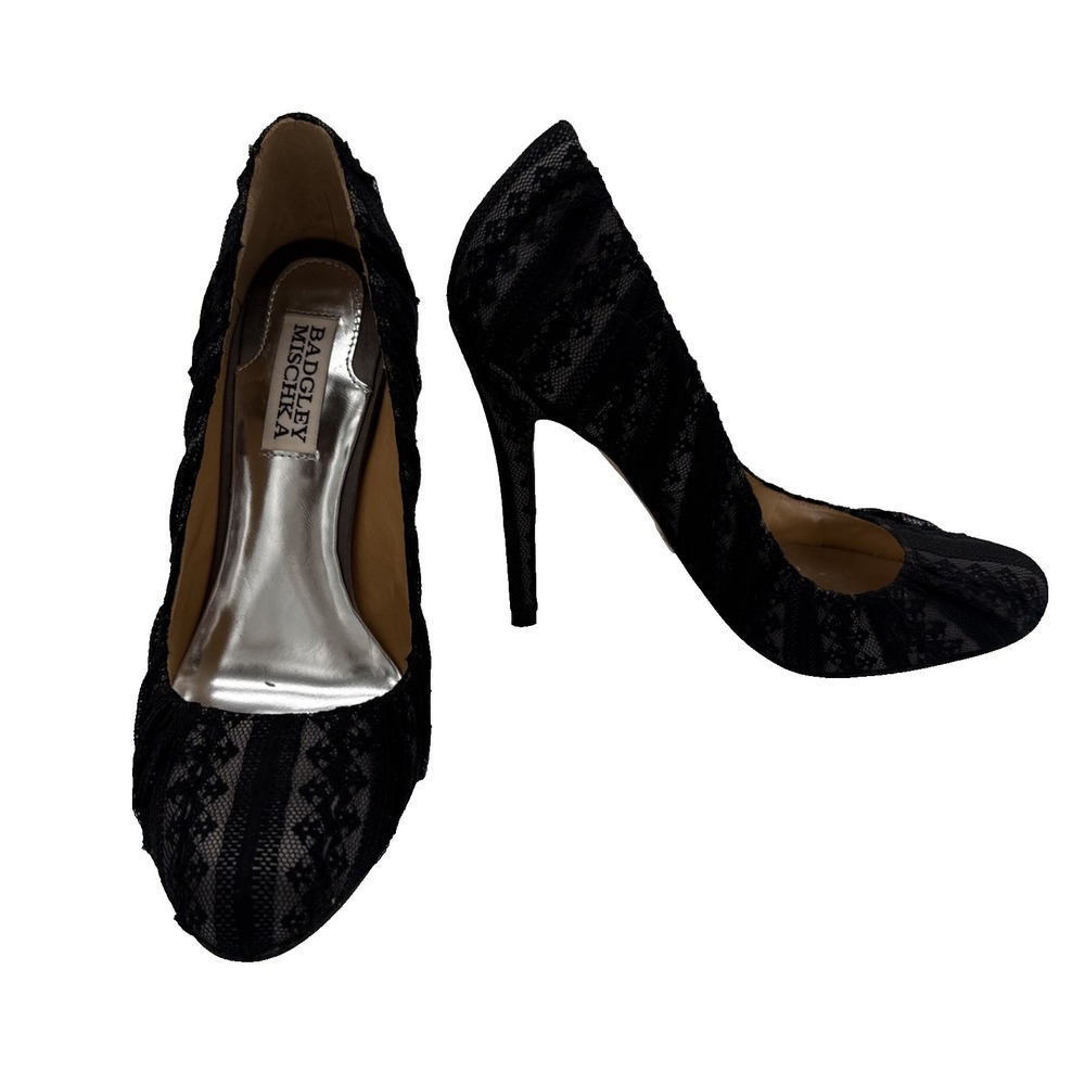 Badgley Mischka Brynn Lace Overlay Round Toe High Heel Stiletto Pumps Black 6 M